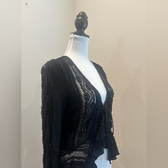 Peach V-Neck Tie-Strap Cardigan Long-Sleeved Chiffon Bell Sleeves Lace Top - Picture 3 of 7